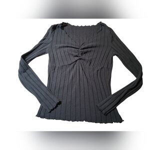 Bella Swan Fairy Grunge Charcoal Ribbed Top - Ruched Lettuce Trim S/M